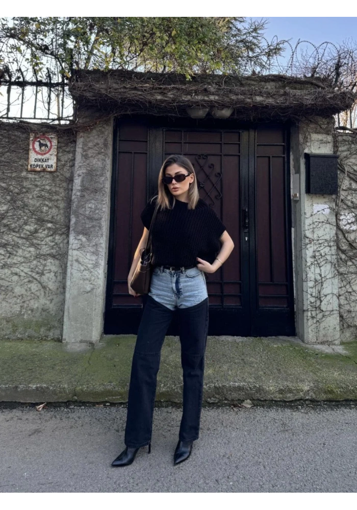 Kadın Jeans Kot Parçalı Palazzo Pantolon - Siyah