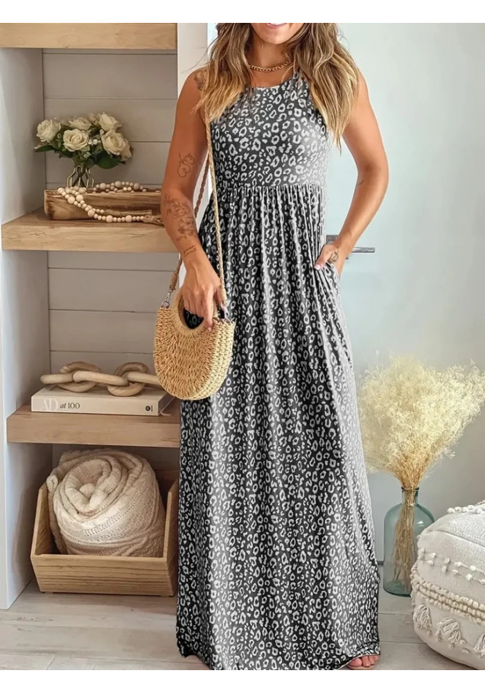 Kadın Kalın Askılı Yuvarlak Yaka Cepli Süprem Maksi Elbise