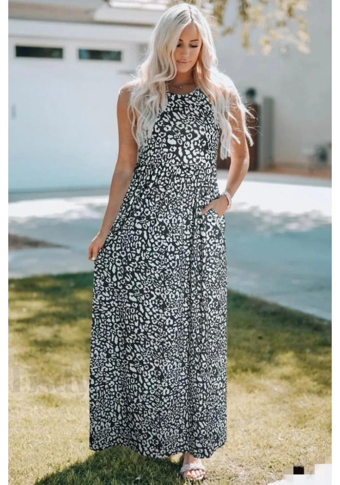 Kadın Kalın Askılı Yuvarlak Yaka Cepli Süprem Maksi Elbise