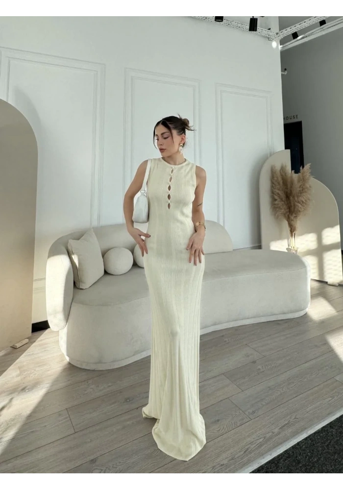 Kadın Kalın Fitilli Uzun Triko Elbise - Kırık Beyaz