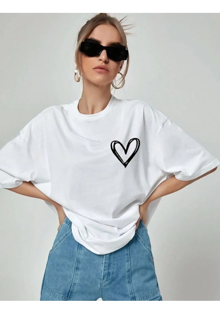 Kadın Tişort Kalp Baskılı Bisiklet yaka Kısa kol T-Shirt - Beyaz