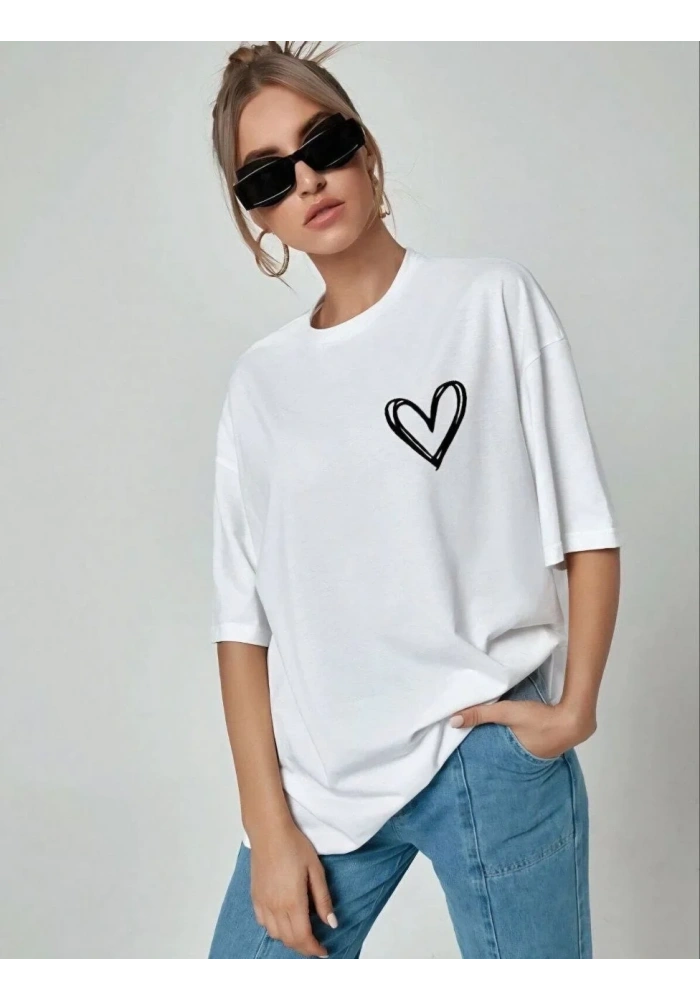 Kadın Tişort Kalp Baskılı Bisiklet yaka Kısa kol T-Shirt - Beyaz