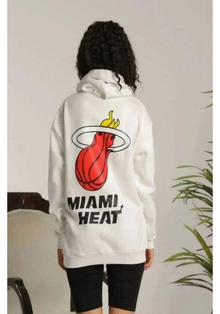 Kadın Oversize Kapüşonlu Cepli Baskılı 3 İplik Pamuklu Hoodie Sweatshirt - Beyaz