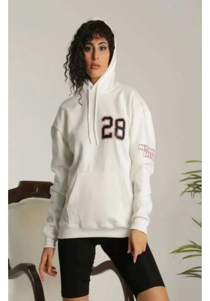Kadın Oversize Kapüşonlu Cepli Baskılı 3 İplik Pamuklu Hoodie Sweatshirt - Beyaz