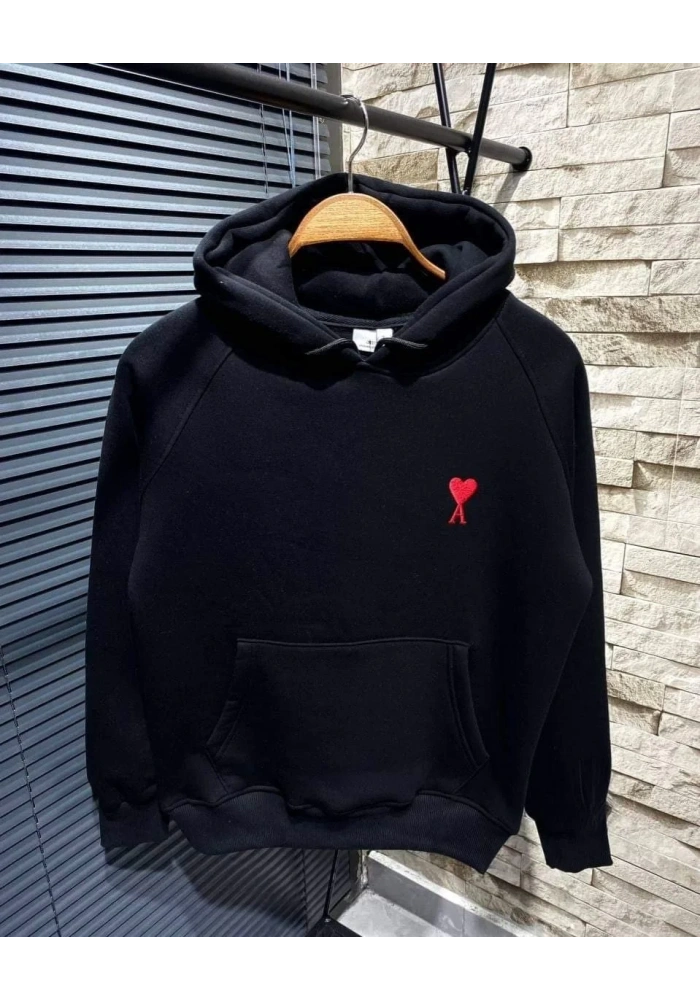 Kadın Oversize Kapüşonlu Cepli KALP Baskılı 3 İplik Pamuklu Hoodie Sweatshirt - Siyah