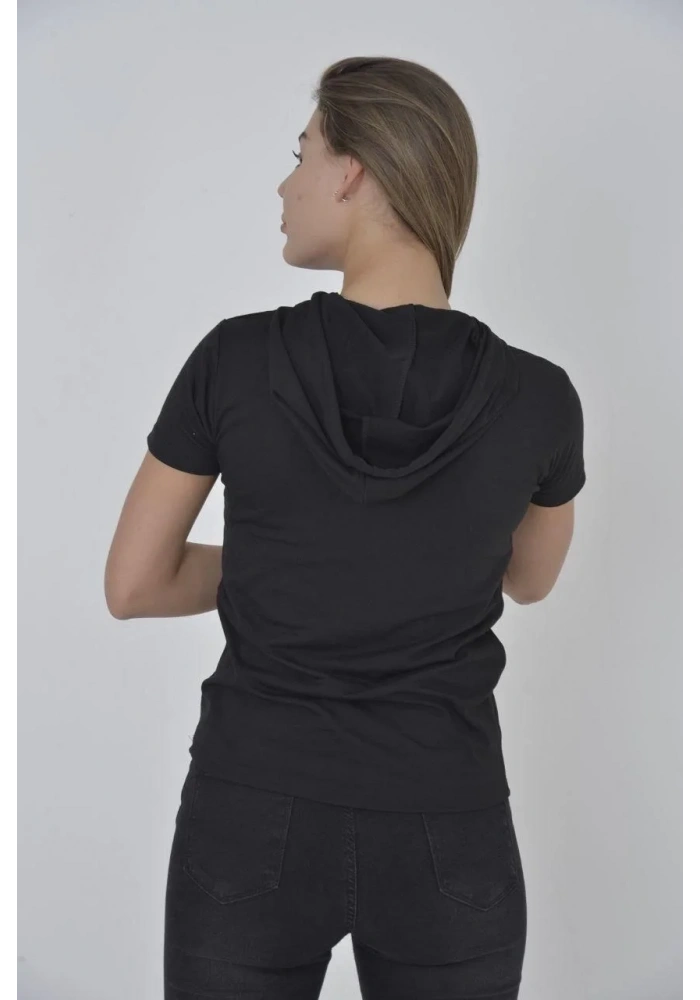 Kadın Kapşonlu Slim Fit T-shirt - Siyah