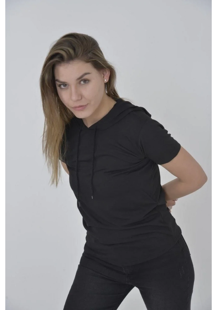 Kadın Kapşonlu Slim Fit T-shirt - Siyah