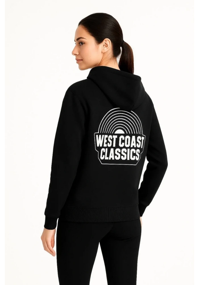 Kadın Kapşonlu Sweatshirt Oversize Üç İplik Şardonlu West Coast Classics Ön Arka - Siyah