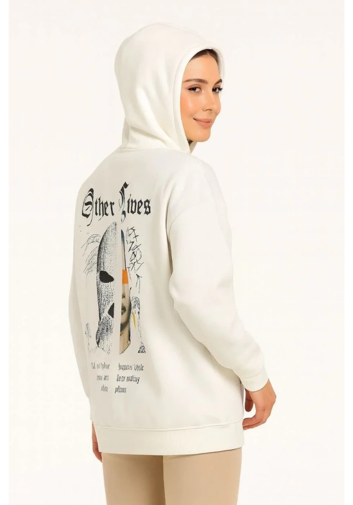 Kadın Kapüşonlu Kanguru Cepli Sweatshirt 3 İplik Pamuklu Baskılı Hoodie - Beyaz