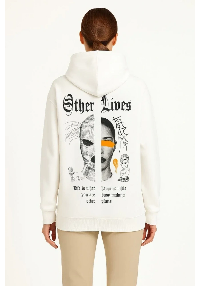 Kadın Oversize Kapüşonlu Kanguru Cepli Baskılı 3 İplik Pamuklu Sweatshirt Hoodie -   Beyaz