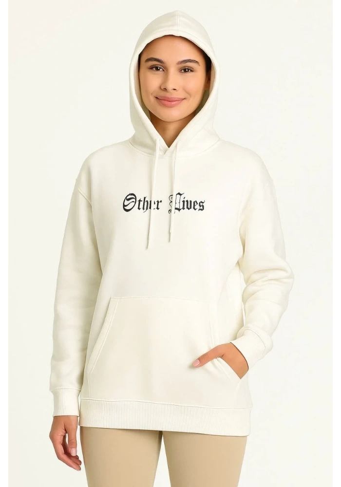 Kadın Oversize Kapüşonlu Kanguru Cepli Baskılı 3 İplik Pamuklu Sweatshirt Hoodie -   Beyaz