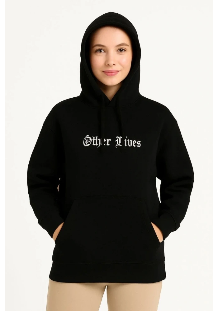 Kadın Kapüşonlu Kanguru Cepli Sweatshirt 3 İplik Pamuklu Baskılı Hoodie - Siyah