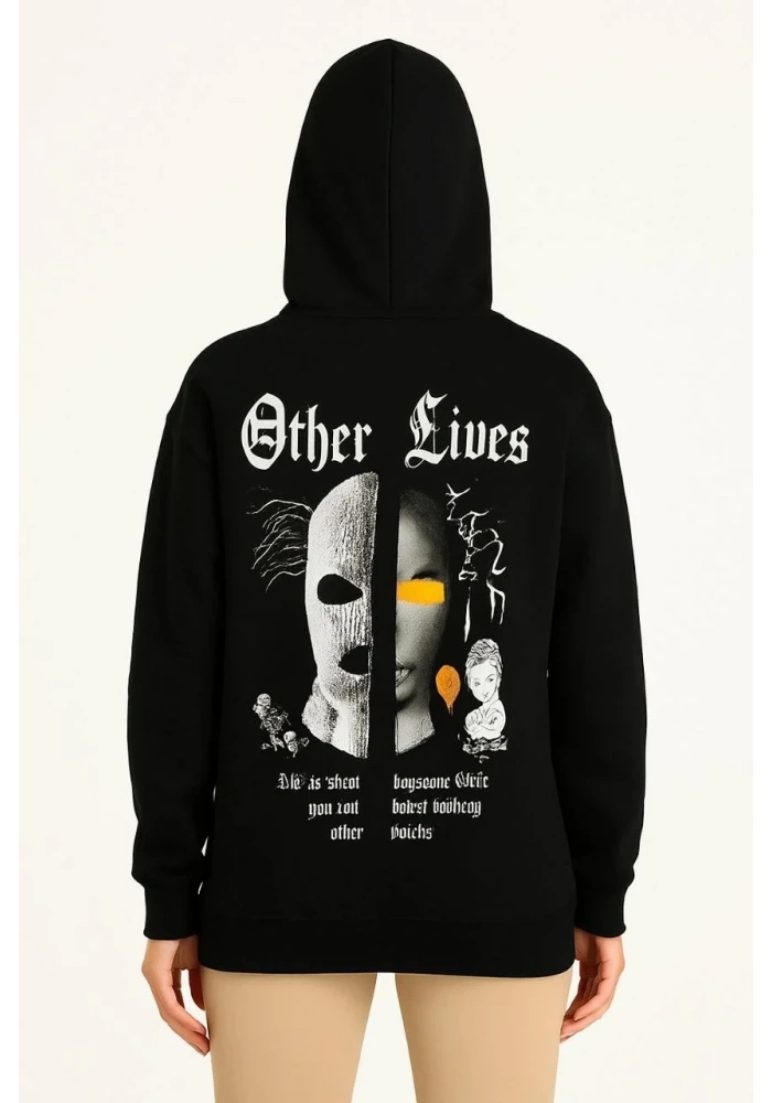 Kadın Kapüşonlu Kanguru Cepli Sweatshirt 3 İplik Pamuklu Baskılı Hoodie - Siyah