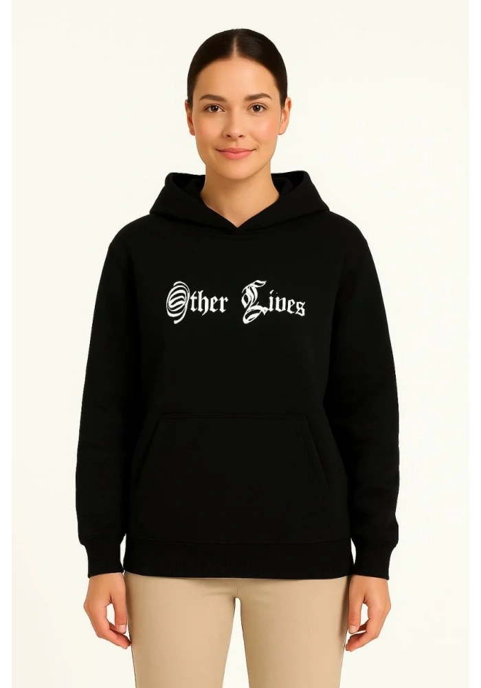 Kadın Kapüşonlu Kanguru Cepli Sweatshirt 3 İplik Pamuklu Baskılı Hoodie - Siyah