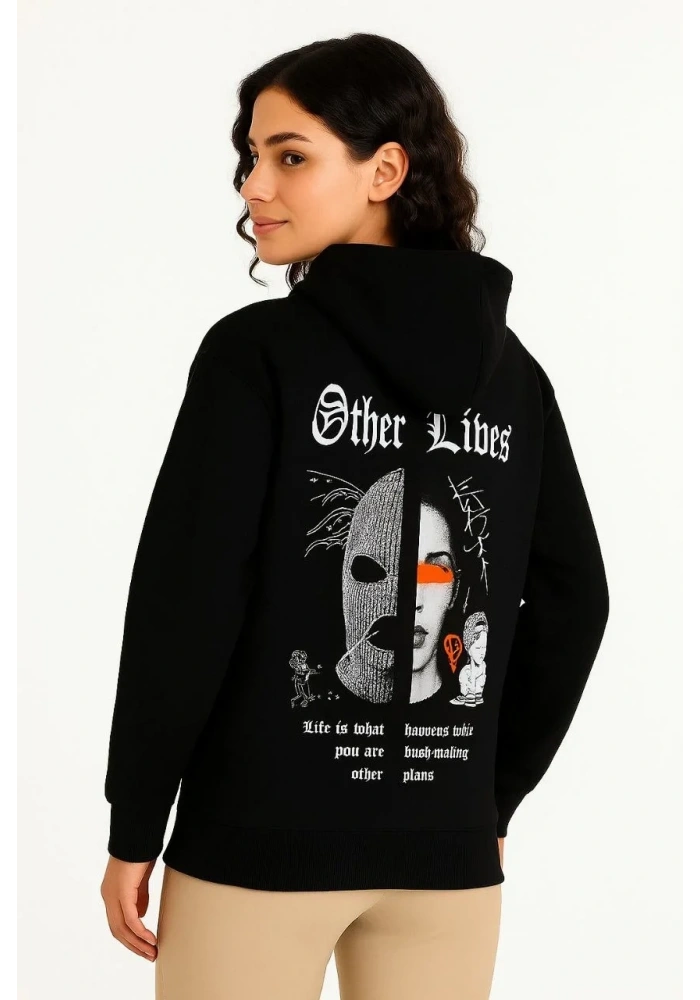 Kadın Kapüşonlu Kanguru Cepli Sweatshirt 3 İplik Pamuklu Baskılı Hoodie - Siyah