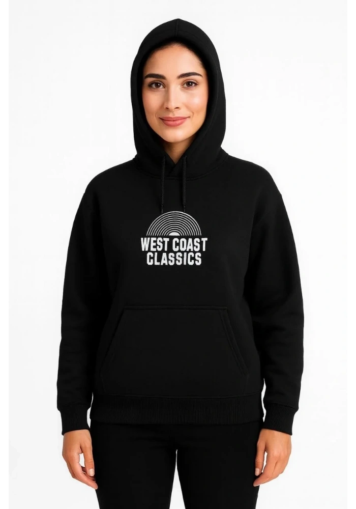 Kadın Oversize Kapüşonlu Cepli Baskılı 3 İplik Pamuklu Hoodie Sweatshirt - Siyah