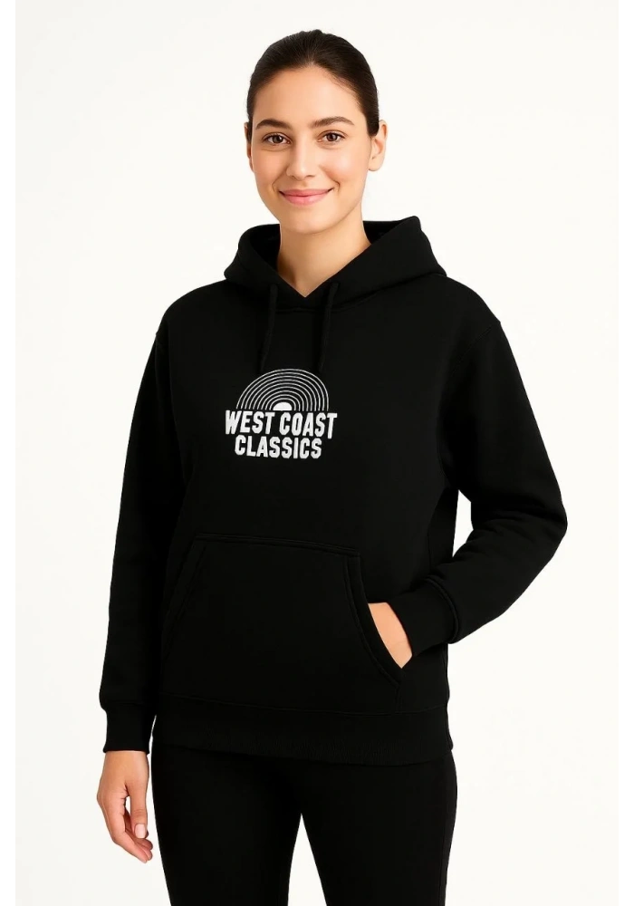 Kadın Oversize Kapüşonlu Cepli Baskılı 3 İplik Pamuklu Hoodie Sweatshirt - Siyah