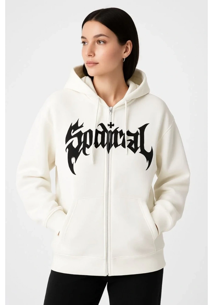 Kadın Kapüşonlu 3 İplik Pamuklu Önü Baskılı Fermuarlı Oversize Hoodie Sweatshirt - Beyaz
