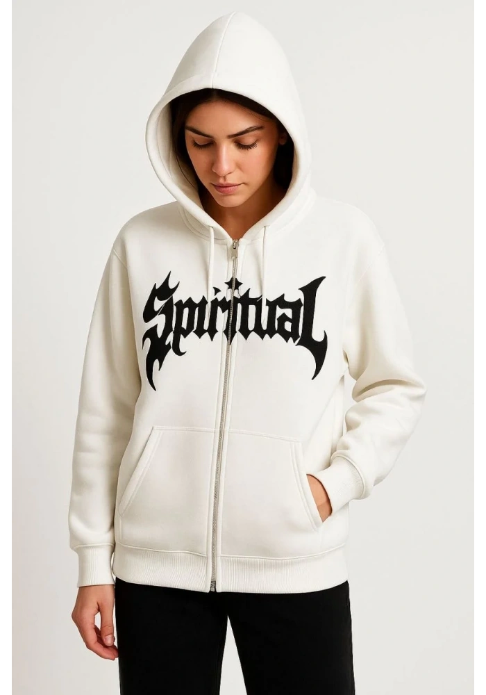 Kadın Kapüşonlu 3 İplik Pamuklu Önü Baskılı Fermuarlı Oversize Hoodie Sweatshirt - Beyaz