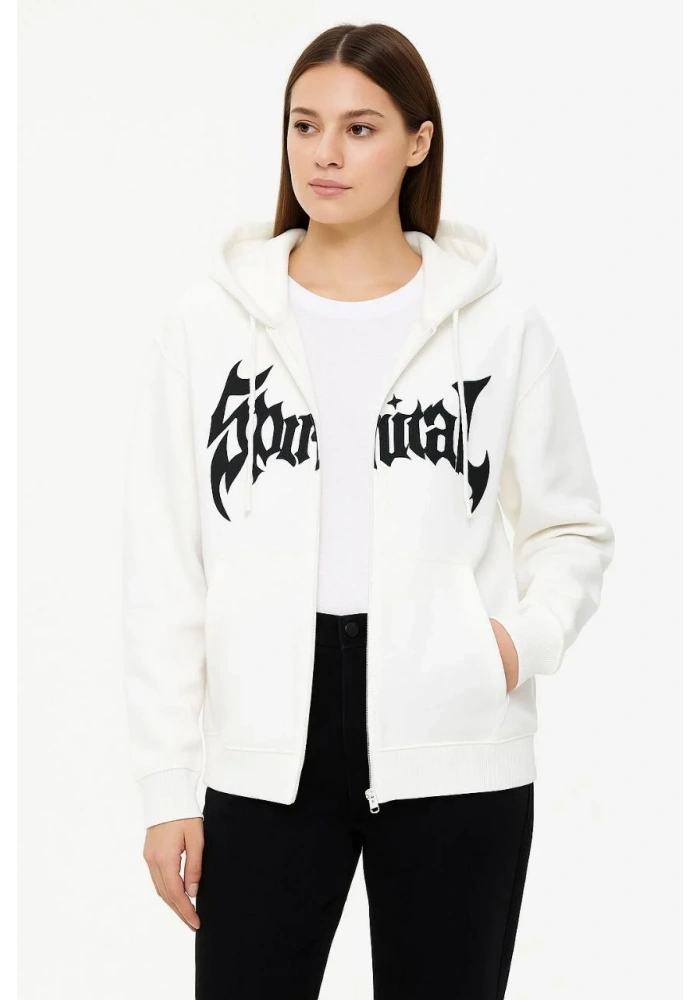 Kadın Kapüşonlu 3 İplik Pamuklu Önü Baskılı Fermuarlı Oversize Hoodie Sweatshirt - Beyaz