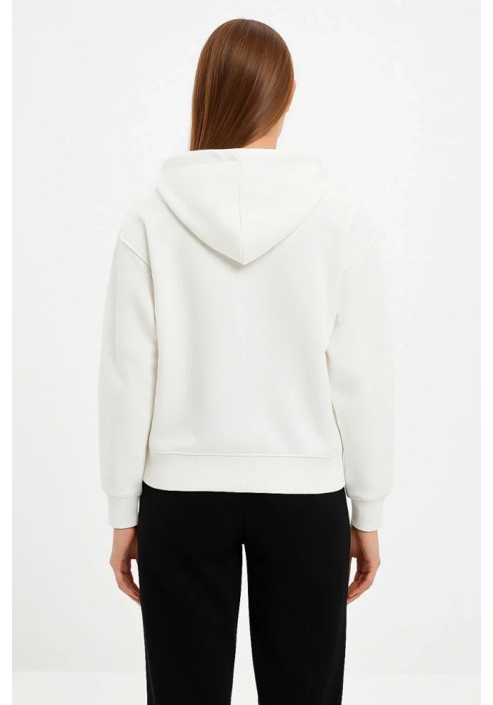 Kadın Kapüşonlu 3 İplik Pamuklu Önü Baskılı Fermuarlı Oversize Hoodie Sweatshirt - Beyaz
