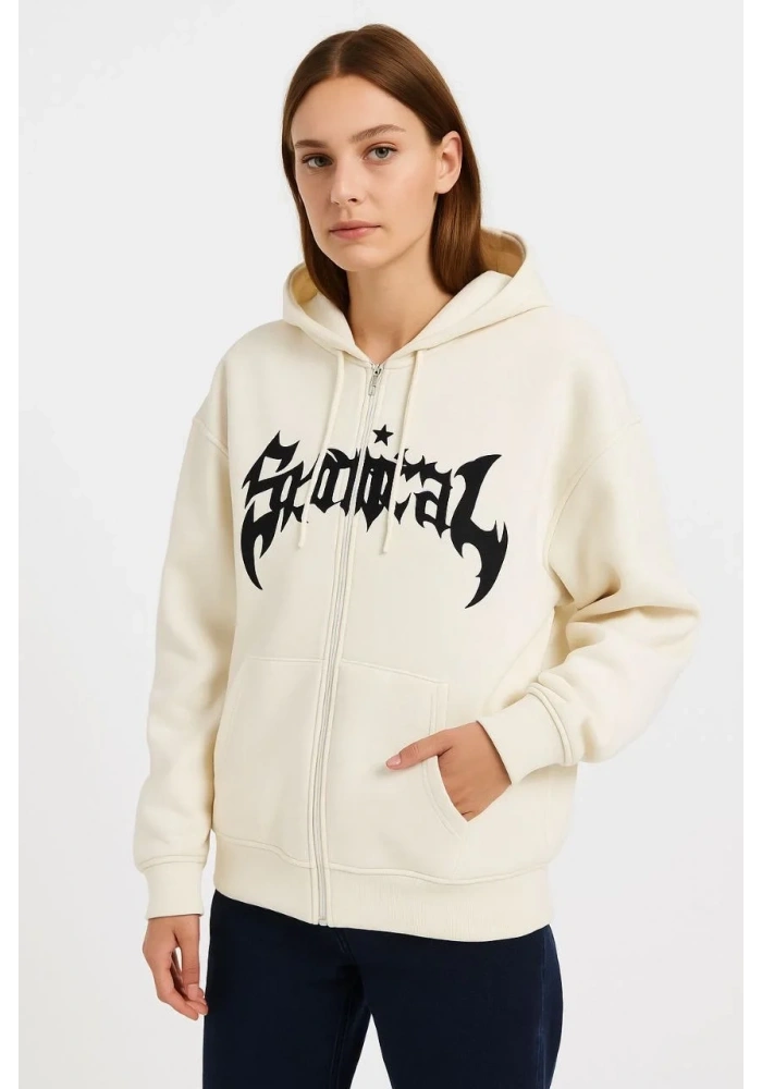 Kadın Kapüşonlu 3 İplik Pamuklu Önü Baskılı Fermuarlı Oversize Hoodie Sweatshirt - Beyaz
