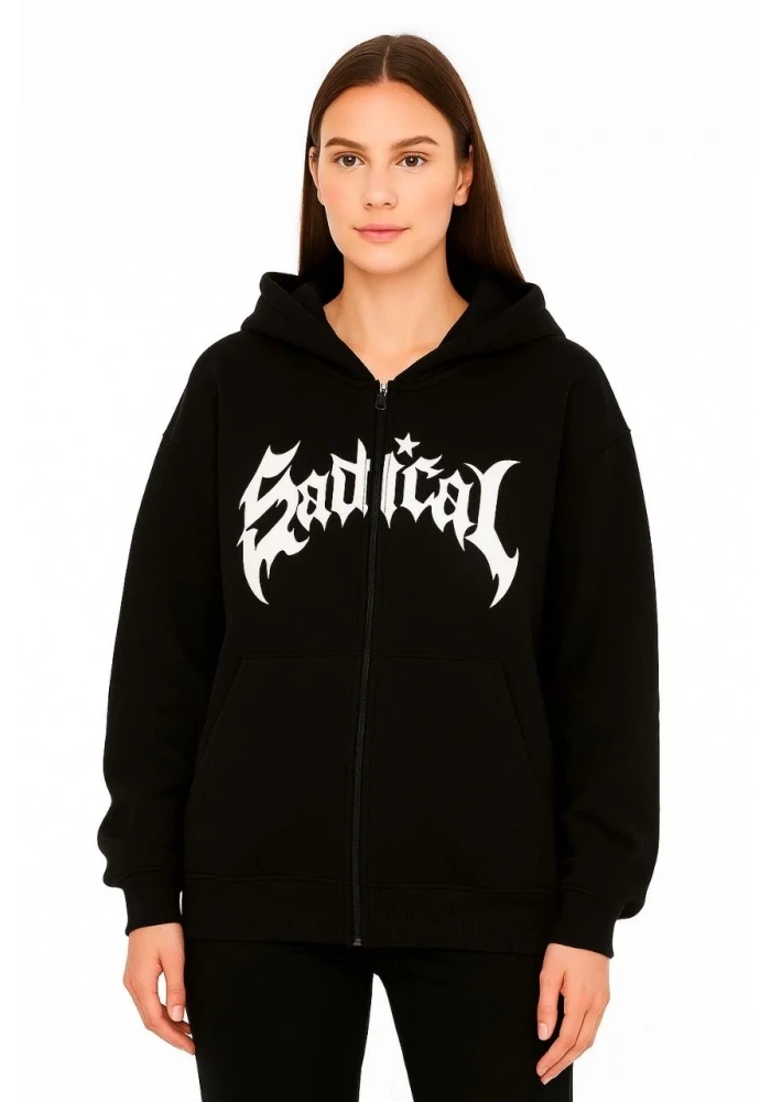 Kadın Kapüşonlu 3 İplik Şardonlu Önü Baskılı Fermuarlı Oversize Sweatshirt - Siyah