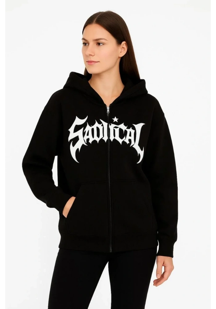 Kadın Kapüşonlu 3 İplik Şardonlu Önü Baskılı Fermuarlı Oversize Sweatshirt - Siyah