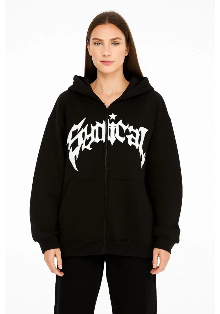 Kadın Kapüşonlu 3 İplik Şardonlu Önü Baskılı Fermuarlı Oversize Sweatshirt - Siyah