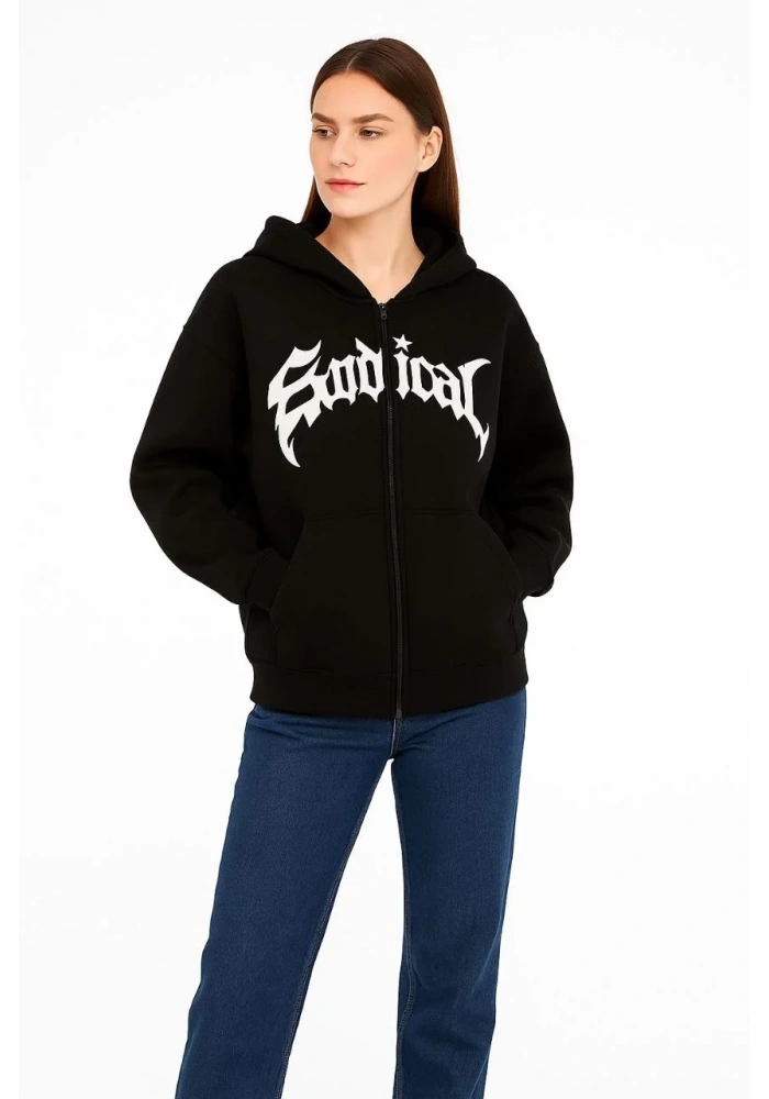 Kadın Kapüşonlu 3 İplik Şardonlu Önü Baskılı Fermuarlı Oversize Sweatshirt - Siyah