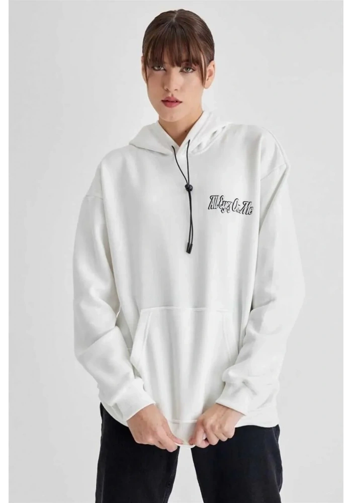 Kadın Kapüşonlu Sırt Baskılı Üç İplik Oversize Sweatshirt - Beyaz
