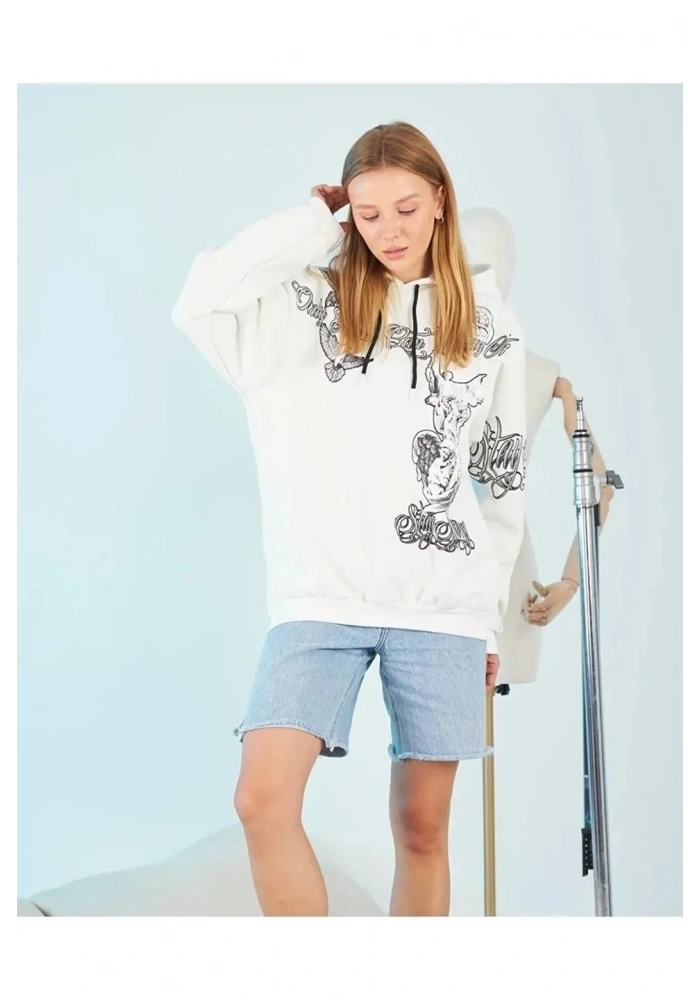 Kadın Kapüşonlu Strong Heykel Baskılı Sweatshirt - Beyaz