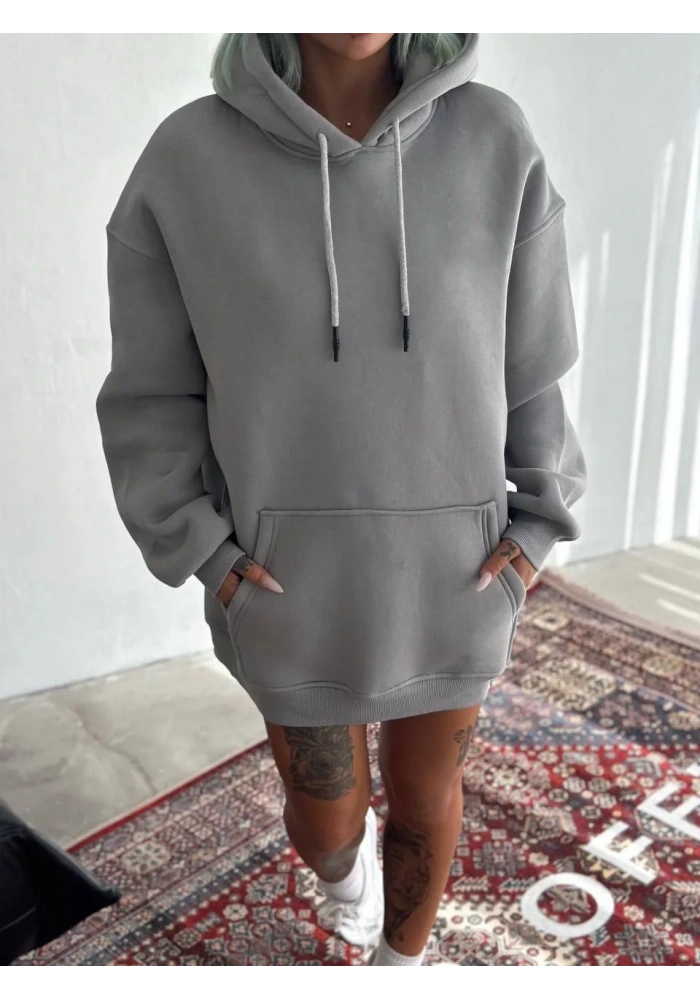 Kadın Kapüşonlu Kanguru Cepli 3 İplik Pamuklu Oversize Hoodie Sweatshirt -  Boyalı Gri