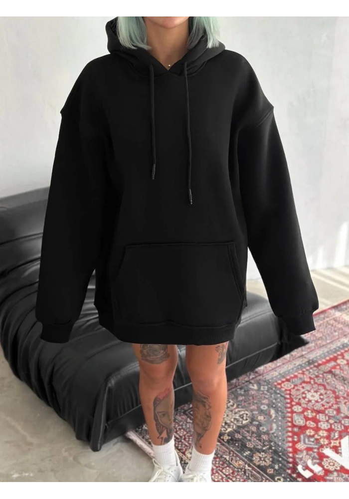 Kadın Kapüşonlu Kanguru Cepli 3 İplik Pamuklu Oversize Hoodie Sweatshirt - Siyah