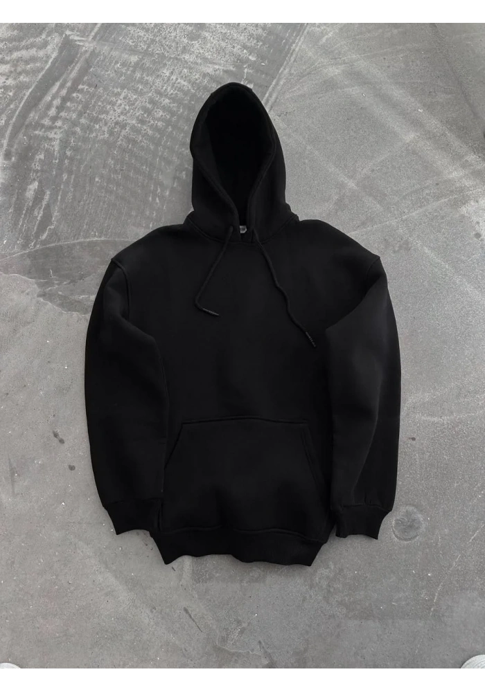 Kadın Kapüşonlu Kanguru Cepli 3 İplik Pamuklu Oversize Hoodie Sweatshirt - Siyah