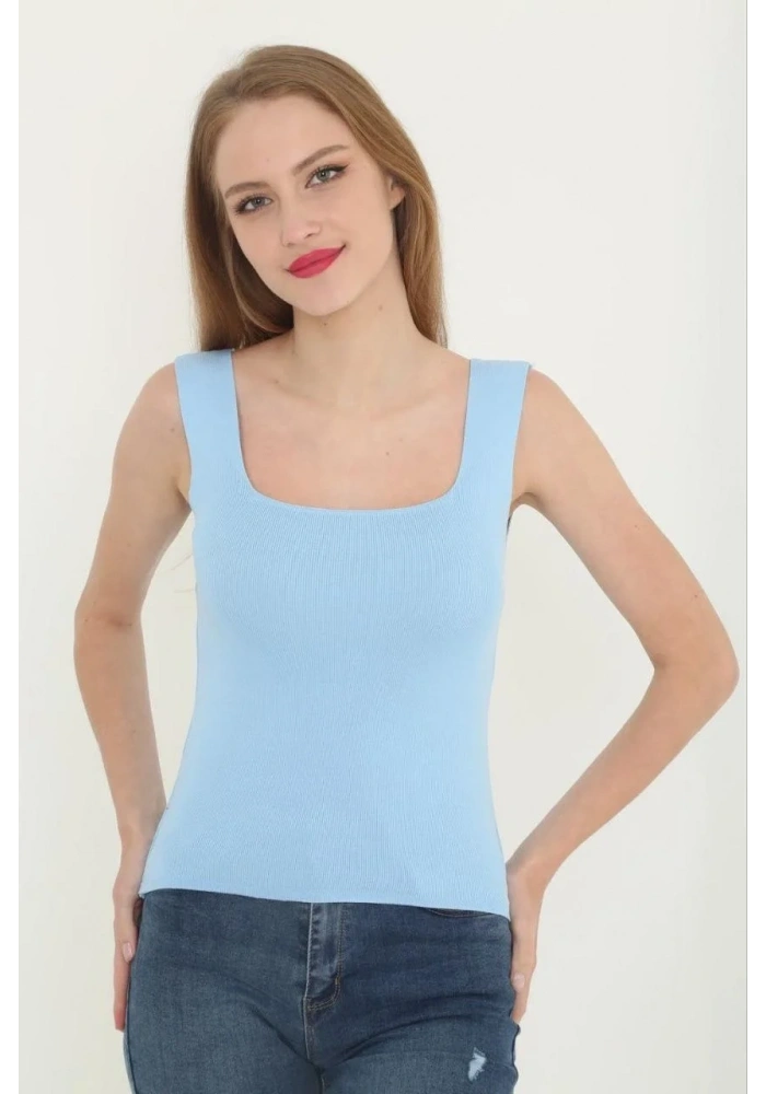 Kadın Kare Yaka Detay Crop - Mavi