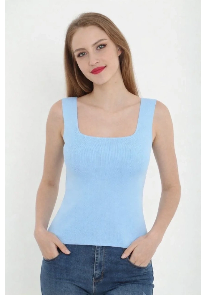 Kadın Kare Yaka Detay Crop - Mavi