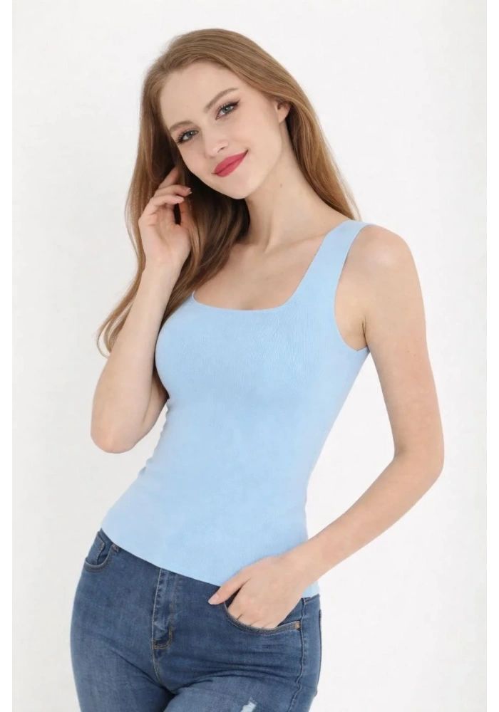 Kadın Kare Yaka Detay Crop - Mavi