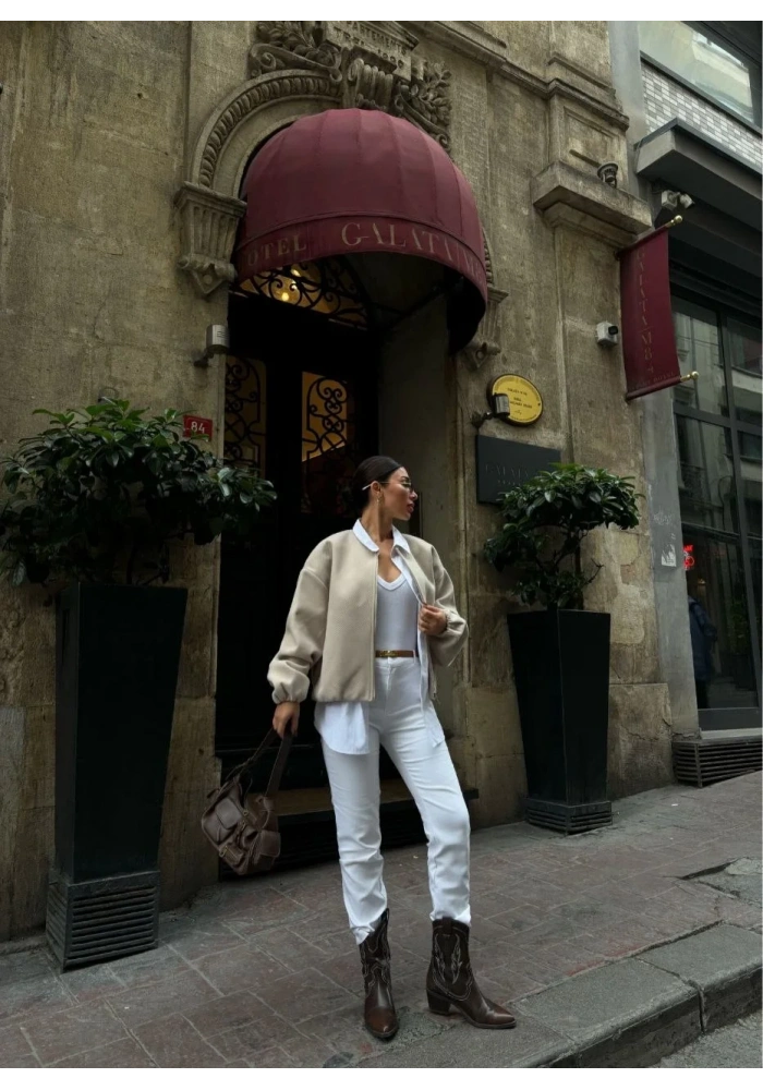 Kadın Kaşe Kaşmir Fermuarlı CEKET - Bej