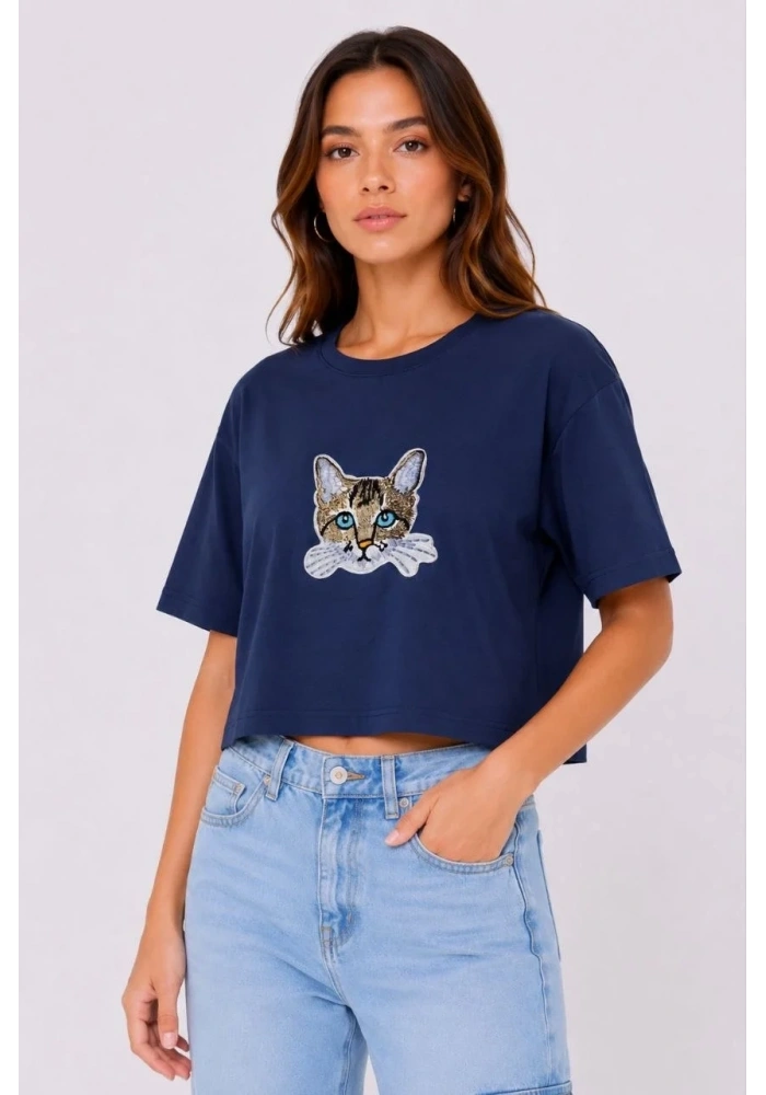 Kadın Kedi Baskılı Oversize Crop Tişört Salaş Basic Yarım Kol T-shirt - Lacivert