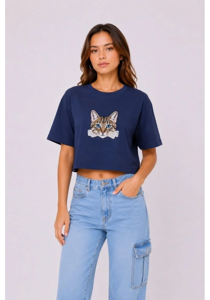 Kadın Kedi Baskılı Oversize Crop Tişört Salaş Basic Yarım Kol T-shirt - Lacivert