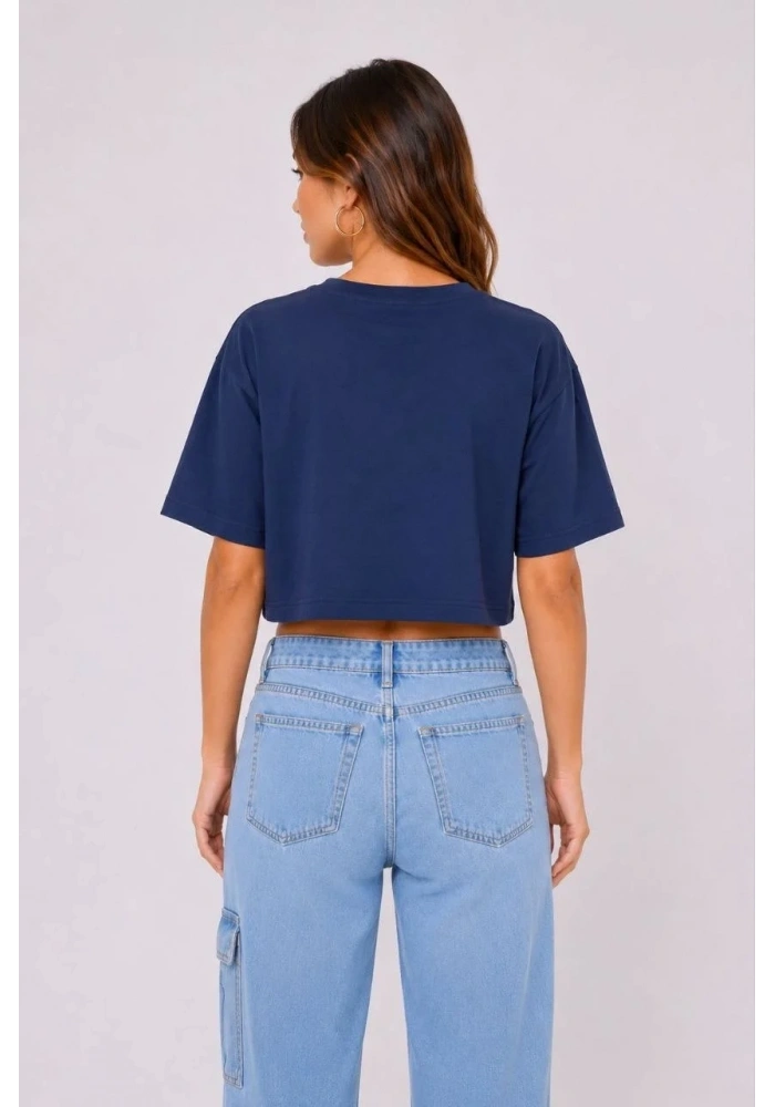 Kadın Kedi Baskılı Oversize Crop Tişört Salaş Basic Yarım Kol T-shirt - Lacivert
