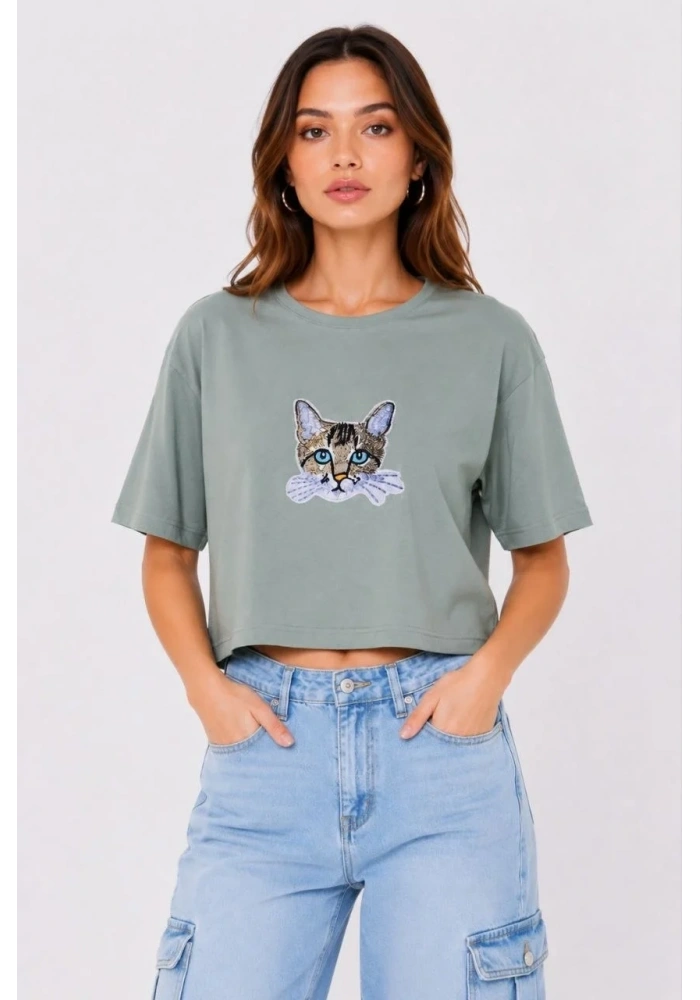 Kadın Kedi Baskılı Oversize Crop Tişört Salaş Basic Yarım Kol T-shirt - Mint Yeşili