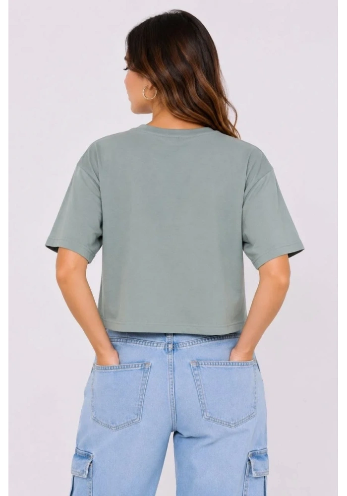 Kadın Kedi Baskılı Oversize Crop Tişört Salaş Basic Yarım Kol T-shirt - Mint Yeşili