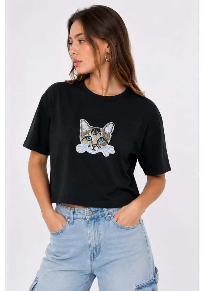 Kadın Kedi Baskılı Oversize Crop Tişört Salaş Basic Yarım Kol T-shirt - Siyah