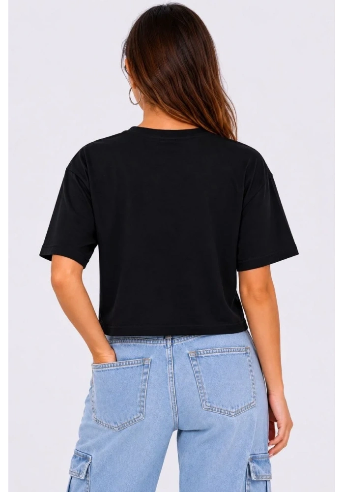 Kadın Kedi Baskılı Oversize Crop Tişört Salaş Basic Yarım Kol T-shirt - Siyah