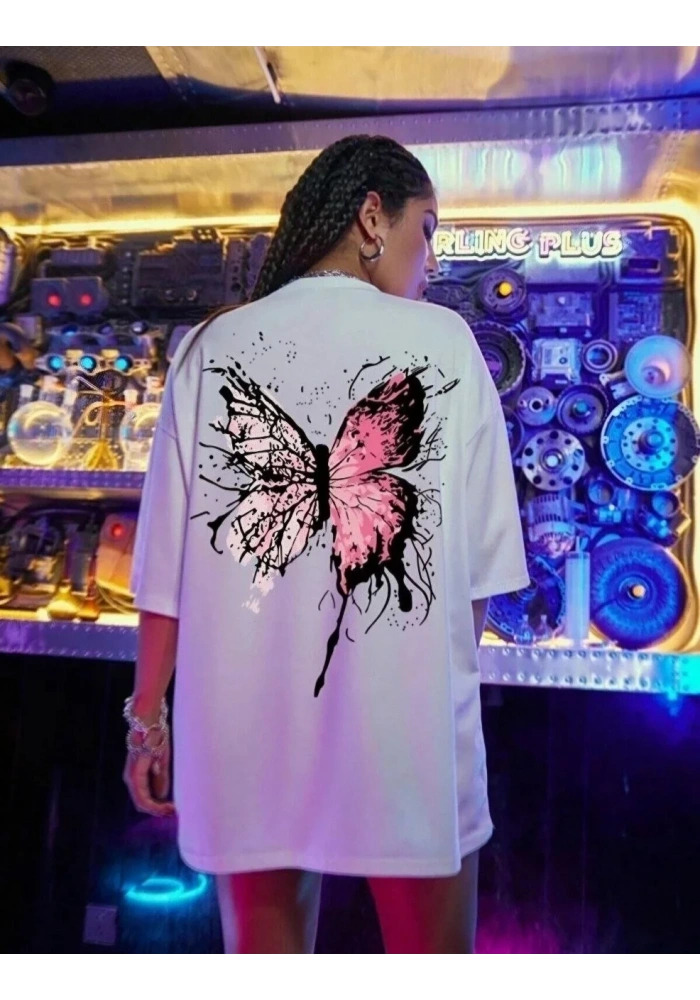 Kadın Kısa Kol Yazlık Tişört Bisiklet Yaka Kelebek Baskılı T-Shirt - Beyaz