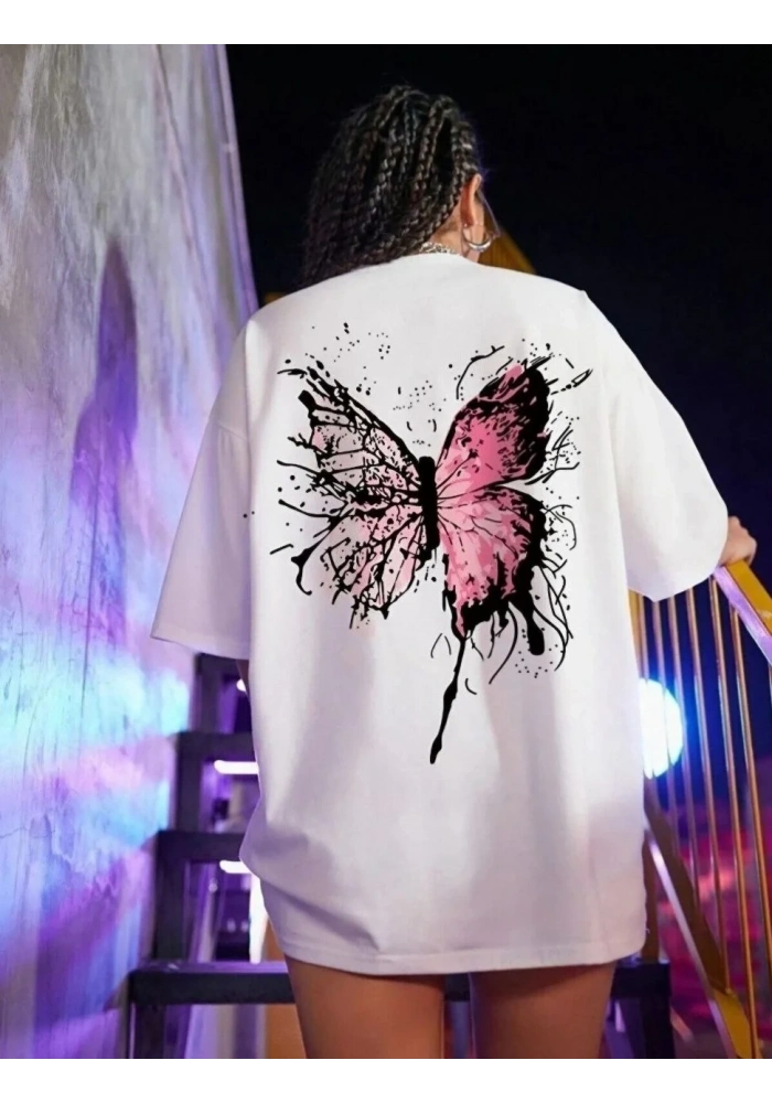 Kadın Kısa Kol Yazlık Tişört Bisiklet Yaka Kelebek Baskılı T-Shirt - Beyaz