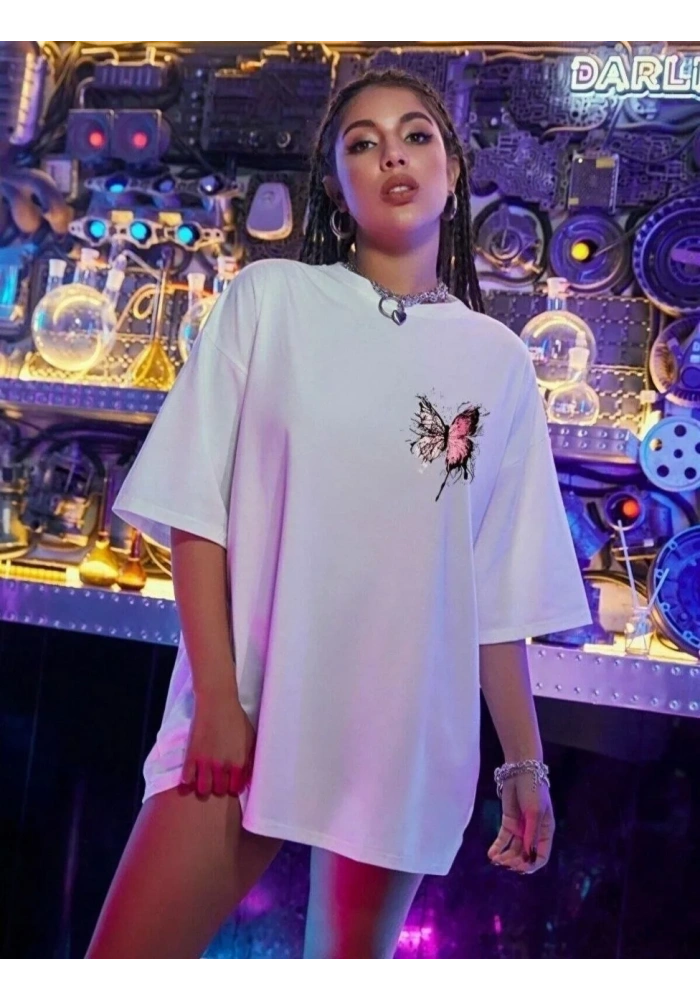 Kadın Kısa Kol Yazlık Tişört Bisiklet Yaka Kelebek Baskılı T-Shirt - Beyaz