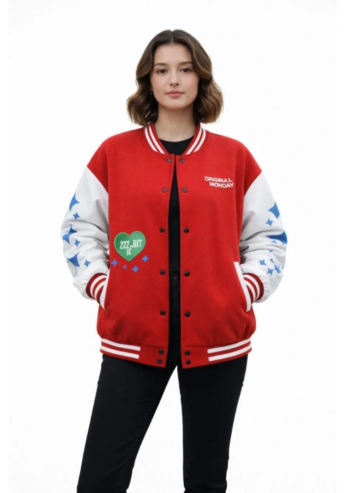 Kadın Kırmızı Varsity Çıtçıtlı Baskılı Oversize kalıp Kolej Ceket - Kırmızı